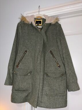 Sam Edelman Olive Green Hooded Trench Coat with Faux Fur Trim